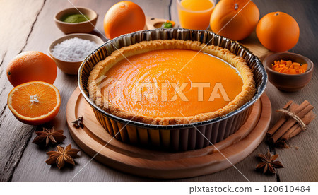 Orange pie with ingredients blurred background Orange pie with ingredients blurred background 120610484