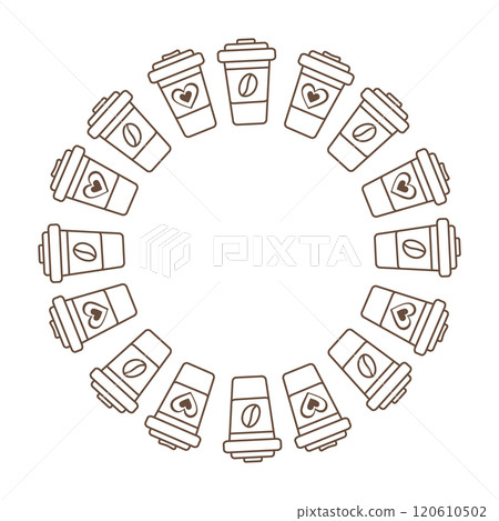 Outline Disposable cups with heart or coffee bean on label Circle Frame in trendy Minimalistic style Outline Disposable cups with heart or coffee bean on label Circle Frame in trendy Minimalistic style 120610502