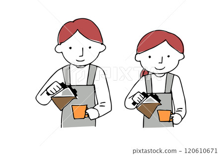 Male and female waiters pouring coffee into cups at a cafe Male and female waiters pouring coffee into cups at a cafe 120610671