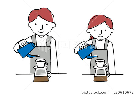 Male and female cafe staff brewing coffee at a cafe Male and female cafe staff brewing coffee at a cafe 120610672