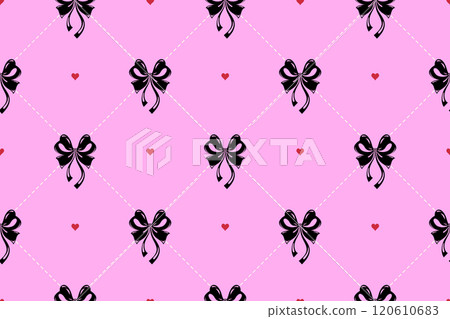 Black bows seamless pattern with cute red hearts on pink background 120610683