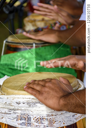 Several atabaque drums decorated with fabric Several atabaque drums decorated with fabric 120610738