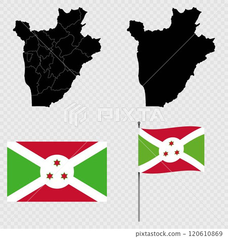 Set of maps, flag and flagpole of Burundi. Vector illustration. 120610869