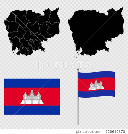 Set of maps, flag and flagpole of Cambodia. Vector illustration. 120610870