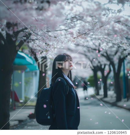 High school girl in uniform walking through cherry blossoms 120610945