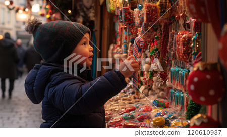 Child admiring colorful candy cane at holiday market stall 120610987