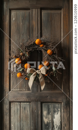 Eco-friendly christmas wreath with oranges and burlap ribbon on rustic door Eco-friendly christmas wreath with oranges and burlap ribbon on rustic door 120610999