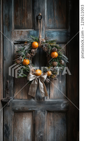 Eco-friendly christmas wreath with oranges and pinecones for rustic holiday decor Eco-friendly christmas wreath with oranges and pinecones for rustic holiday decor 120611003