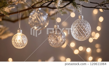 Elegant traditional german glass ornaments on a holiday tree branch for christmas decor 120611064