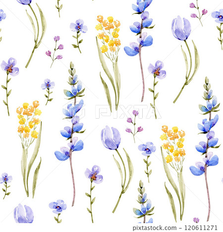 Seamless pattern with watercolor spring flowers lupine and tulips. Hand drawn  120611271