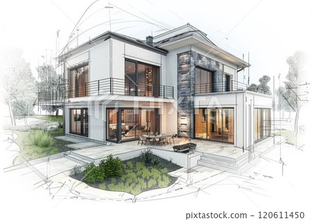 Modern house exterior with large windows and a terrace with a barbecue area 120611450