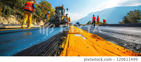 Road construction workers operating heavy machinery under the scenic mountains on a busy highway 120611499