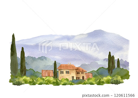 Italian rural landscape, towers and farms, cypress trees, bushes, mountains, hand drawn watercolor composition. Mediterranean Europe scenery with ancient houses for travel tourists designs 120611566