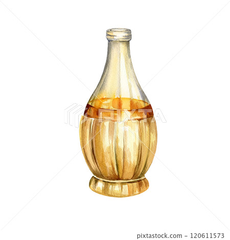 watercolor bottle of homemade white wine braided with straw, wine from white and pink grapevine, hand drawn illustration for food and drink decoration, Tuscany posters and card 120611573