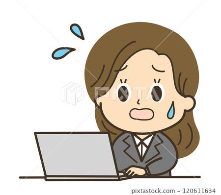 Illustration of a woman in a suit suffering from cold sweats while working on a computer 120611634