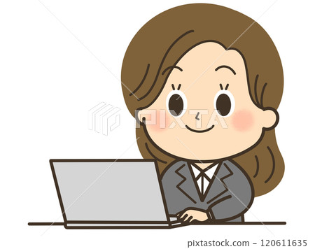 一位穿著西裝微笑的女士在電腦上工作的插圖 120611635