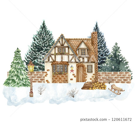 Winter landscape house and trees. Christmas scene 120611672