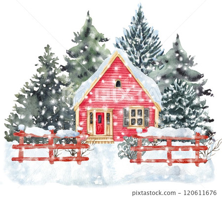 Winter landscape house and trees. Christmas scene Winter landscape house and trees. Christmas scene 120611676