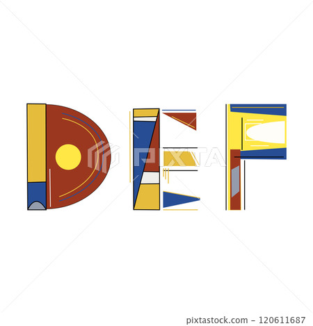 Kandinsky style DEF alphabet letters for your design, vector image. Classic triad color combination. Kandinsky style DEF alphabet letters for your design, vector image. Classic triad color combination. 120611687