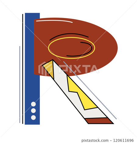 Alphabet letter R in Kandinsky style for your design, vector image. Color combination classic triad. Alphabet letter R in Kandinsky style for your design, vector image. Color combination classic triad. 120611696