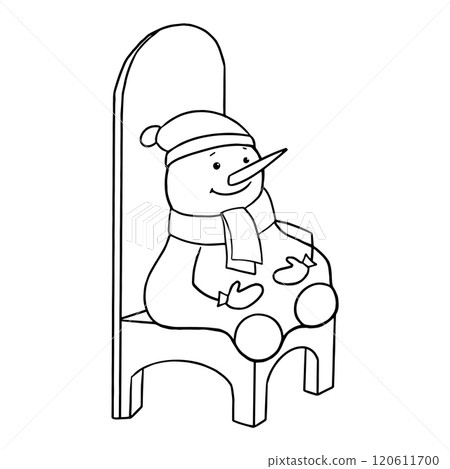 Cute Snowman in a hat, scarf and mittens sits on a big chair waiting for the New Year. New Year card Cute Snowman in a hat, scarf and mittens sits on a big chair waiting for the New Year. New Year card 120611700