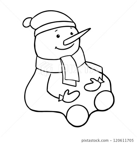 Cute Snowman in a hat, scarf and mittens sits waiting for the New Year. New Year s card. Cute Snowman in a hat, scarf and mittens sits waiting for the New Year. New Year s card. 120611705