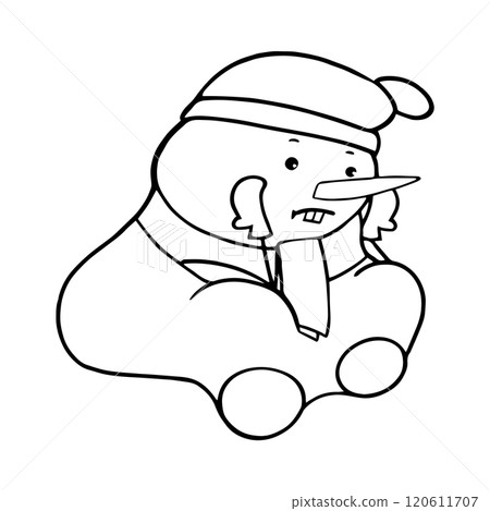 Cute Snowman in a hat, scarf and mittens sits waiting for the New Year. New Year s card.  120611707