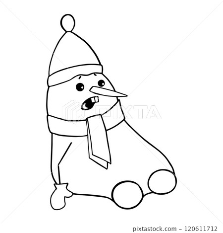 Cute Snowman in a hat, scarf and mittens is tense in anticipation of the New Year. New Year s card. Cute Snowman in a hat, scarf and mittens is tense in anticipation of the New Year. New Year s card. 120611712
