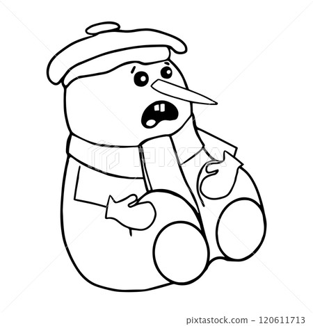 Cute Snowman in a hat, scarf and mittens huddled up in anticipation of the New Year. New Year s card Cute Snowman in a hat, scarf and mittens huddled up in anticipation of the New Year. New Year s card 120611713