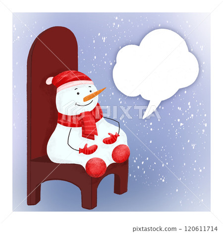 New Year's card with a cute snowman in a hat, scarf and mittens, who sits and waits for the New New Year's card with a cute snowman in a hat, scarf and mittens, who sits and waits for the New 120611714