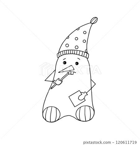 Thoughtful Snowman in a hat with a pencil in his hand thinks what to write in the list for the New Thoughtful Snowman in a hat with a pencil in his hand thinks what to write in the list for the New 120611719