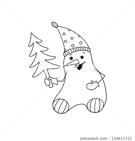 A cheerful snowman in a hat and with a smile on his face holds a Christmas tree in his hands. A cheerful snowman in a hat and with a smile on his face holds a Christmas tree in his hands. 120611722