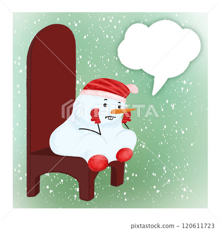 Cute Snowman in a red hat, scarf and mittens sits on a large beard chair waiting for the New Year. 120611723