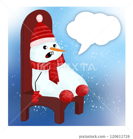 A cute snowman in a red hat, scarf and mittens tensed up on a large burgundy chair waiting for A cute snowman in a red hat, scarf and mittens tensed up on a large burgundy chair waiting for 120611726