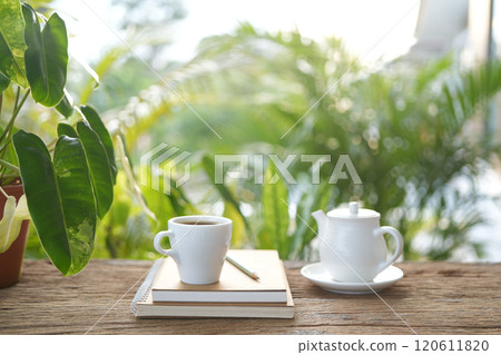 Set of tea pot and tea cup with notebooks drinking at outdoor gardening 120611820