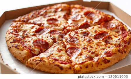 Close-up of pepperoni pizza in delivery box for food photography and marketing 120611903