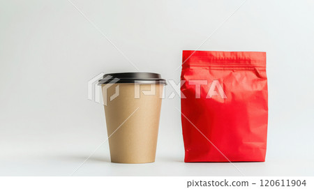Takeaway coffee cup with red food bag for modern lifestyle and convenience Takeaway coffee cup with red food bag for modern lifestyle and convenience 120611904