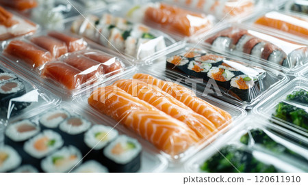 Assorted packaged sushi meals for fresh takeaway options and quick dining convenience 120611910
