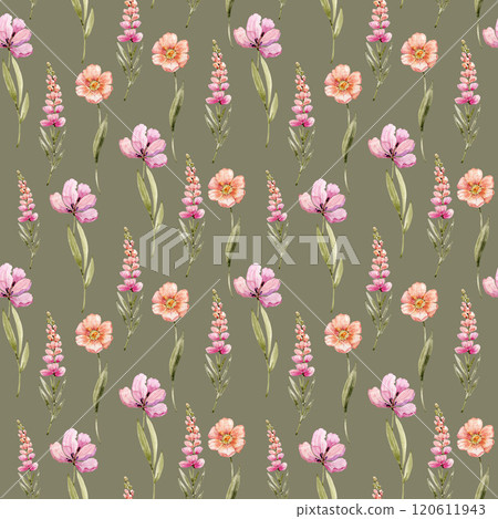 Seamless pattern with watercolor pink spring flowers. Hand drawn illustration on green background. Seamless pattern with watercolor pink spring flowers. Hand drawn illustration on green background. 120611943