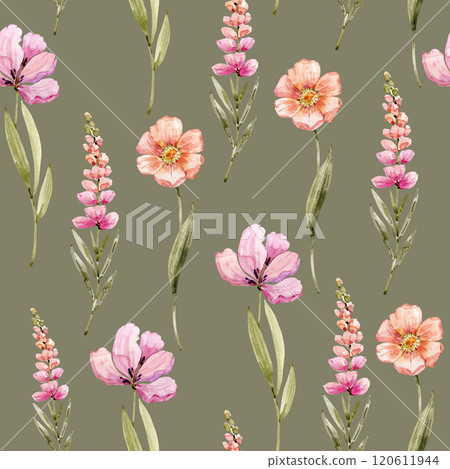 Seamless pattern with watercolor pink spring flowers. Hand drawn illustration on green background. Seamless pattern with watercolor pink spring flowers. Hand drawn illustration on green background. 120611944