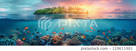 Selective focus of Colorful coral reefs and tropical islands at sunset Underwater landscape with fish in sea water. 120611981