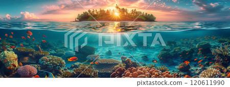 Selective focus of Colorful coral reefs and tropical islands at sunset Underwater landscape with fish in sea water. 120611990