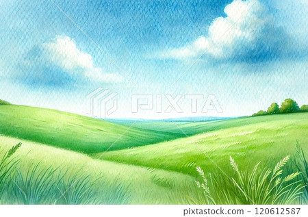 藍天和草地的水彩風格插圖 120612587