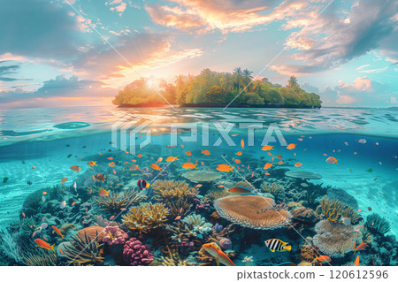 Selective focus of Colorful coral reefs and tropical islands at sunset Underwater landscape with fish in sea water. 120612596
