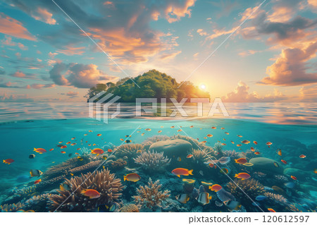 Selective focus of Colorful coral reefs and tropical islands at sunset Underwater landscape with fish in sea water. 120612597