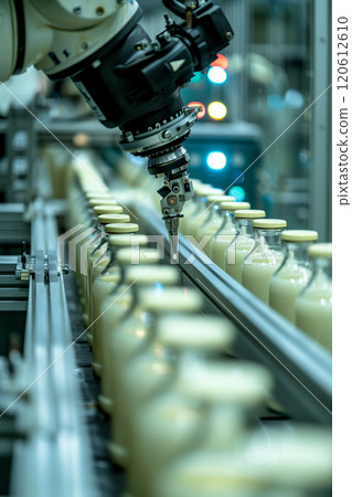 Selective focus of A robot arm in a dairy factory is picking up a stack of white glass bottles filled with fresh pasteurized milk. 120612610