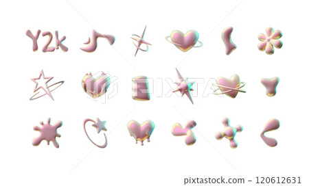 A collection of 3D shapes with unusual shiny pink shapes isolated on a white background, A collection of 3D shapes with unusual shiny pink shapes isolated on a white background, 120612631