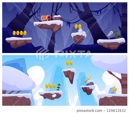 Game winter world with level platforms, floating snowdrifts land islands vector illustrations set, chest coins key award 120612632