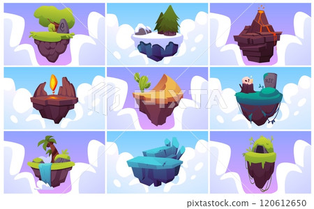 Set of themed floating island vector illustrations for games 120612650