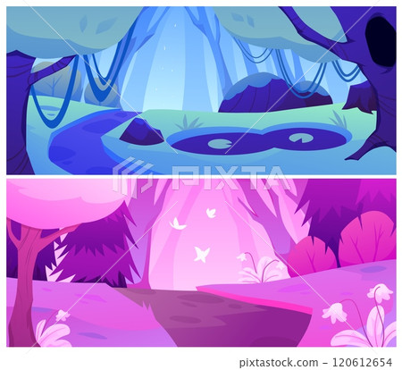 Vector illustrations with a fantastic forest of neon pink and blue colors 120612654